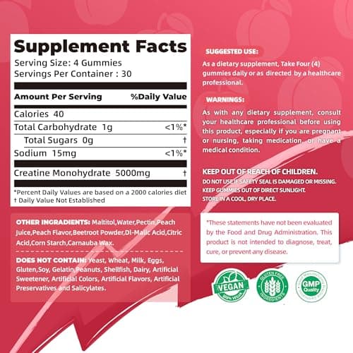 Allcoovita Creatine Monohydrate Gummies 5g for Men & Women. Boost Focus,Strength, and Endurance, Anti-Melting Formula, Vegan, Gluten-Free, Non-GMO,(Peach 120 ct) - Thumbnail 2