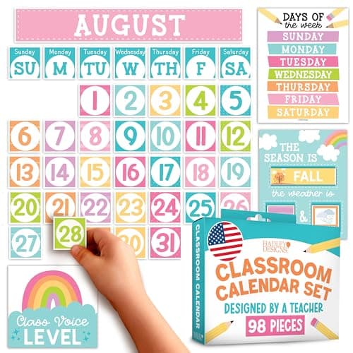 Hadley Designs Classroom Calendar Set Bulletin Board Decorations - Pastel School Calendar for Classroom Decor, Kindergarten Preschool Elementary Teacher Must Haves, Homeschool & Daycare Essentials