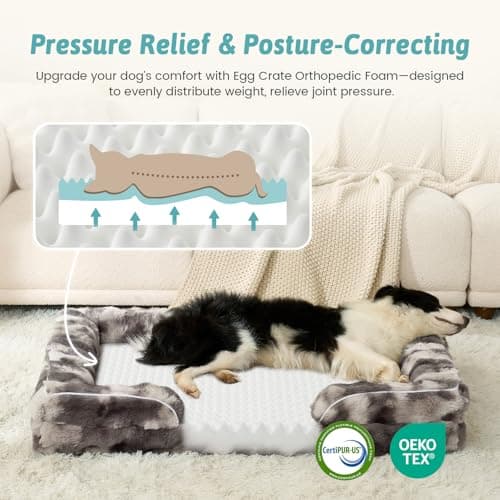 COZY KISS Orthopedic Dog Bed for Medium Small Size Dog, Soft and Warm Faux Fur Sofa for Pet Up to 40 lbs, Foam Bolster Anti-Slip Couch with Washable Removable Cover, M 30x20x6.5 inch, Tie Dye Grey - Thumbnail 2