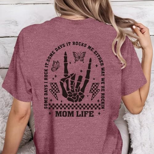 YHHR Mama Shirt Mom Life Crewneck T-Shirts Funny Mama Skeleton Rocker Graphic Tee Summer Pullove Mom Tshirts Tops Pink - Thumbnail 2