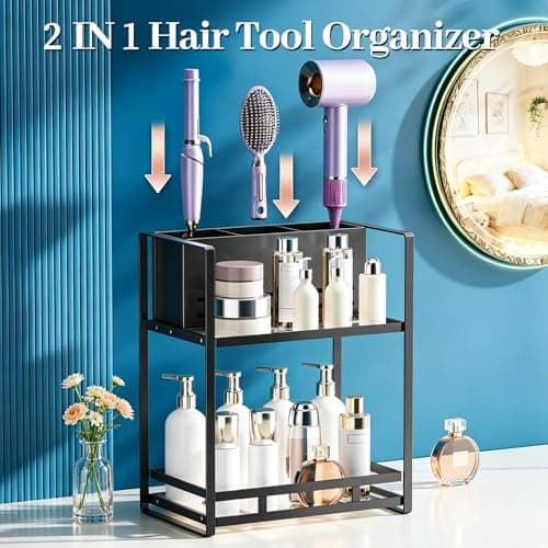SanDream Hair Tool Organizer Bathroom Countertop, 2-Tier Metal Bathroom Organizer with Blow Dryer Holder, Large Capacity Space-Saving Vanity Shelf for Perfume, Skincare & Makeup Storage (Black) - Thumbnail 4