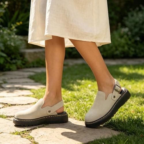 Athlefit Suede Clogs for Women Platform Footbed Mules Comfortable Slip On Slingback Clogs Shoes Apricot Size 6.5 - Thumbnail 3
