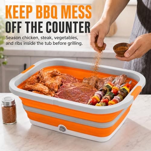 Collapsible BBQ Prep Tub with Cutting Board & Lid, Folding Food Container BPA-Free Heavy-Duty, Dishwasher Safe, Upgraded Drain Hole - for Camping, Grilling Outdoor Cooking (Orange, X-Large) - Thumbnail 2