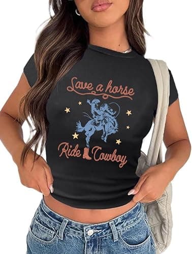Tewmeu Cowgirl Outfits for Women Cropped Western Tops Y2k Country Concert Graphic Tees Trendy Country Music Tshirt - Image 1