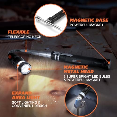 Lenski Flexible Magnetic Pickup Tool with LED, Magnetic Flashlight Pickup Tool for Fixing Machines, Gifts for Dad, Birthday Gifts for Men Him - Thumbnail 4