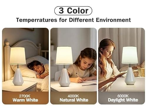 bdayanx Small Bedside Table Lamp for Bedroom - Reading Desk Lamp with 3 Color Temperatures，15.5" Nightstand Ceramic Lamp with Fabric Shade for Kids Room,Living Room,Dorm,Home Office (White) - Thumbnail 2