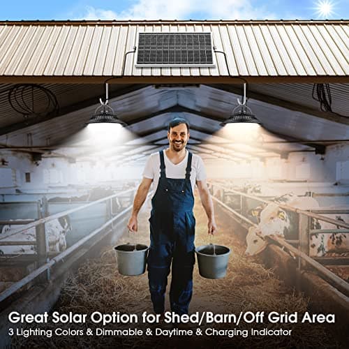 SunBonar Solar Shed Lights Indoor 2 Pack, 3200K/4000K/6000K Dimmable Daytime Available Pendant Lights Outdoor with ON Off Switch & Remote Solar Powered Hanging Chandelier Lights for Home Barn Garage - Thumbnail 3