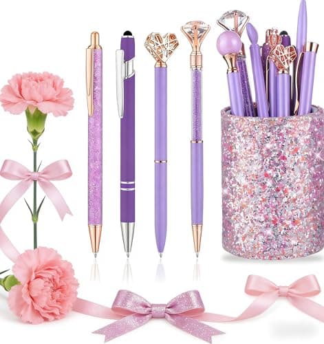BESARTE 9 Pcs Purple Pens With Pen Holder for Desk, Fancy Pens Purple Gifts for Mom Desk Accessories for Weddings Parties Mothers Day Gifts for Mom Wife - Image 1
