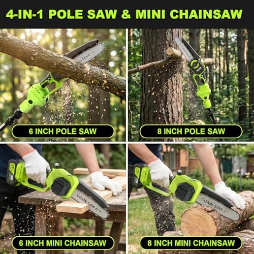 TNELTUEB 4-In-1 Cordless Pole Saw & Mini Chainsaw, 6"&8" Pole Saws For Tree Trimming with 15.6ft Extendable Pole, 180° Adjustable Angle, 1000W Brushless Motor, Electric Chainsaw with 2×4.0Ah Batteries - Thumbnail 2