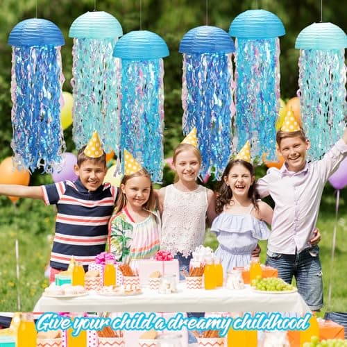 Under The Sea Party Decorations,Jellyfish Paper Lanterns with Hooks and Rope,10in Hanging Jelly Fish for Mermaid Birthday,Baby Shower,Ocean Themed Party,Ocean Theme Classroom,Beach Room Decor - Thumbnail 5