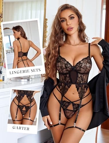 Avidlove Lingerie Set Lace Corset and Panty Outfits Women's Lingerie Sets with Garter Black XXL - Thumbnail 3