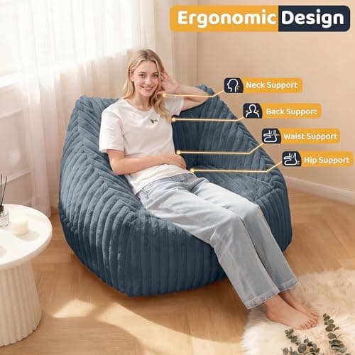 HABUTWAY Bean Bag Chair, Giant Bean Bag Chairs for Adults and Kids, Bean Bag Sofa, Lazy Floor Sofa, Faux Fur Beanbag Chair with Armrests for Living Room Bedroom (Dark Grey) - Thumbnail 4