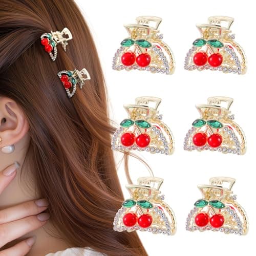 6PCS Rhinestones Cherry Small Hair Clips-Mini Claw Clips for Women, Metal Springs, Cute Hair Accessories for Updo and Half Up Styles (Crescent Cherry)