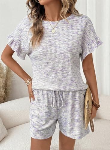 Dokotoo Womens Short Sleeve Shorts Set Soft Viscose 2 Piece Lounge Sets Casual Summer Outfits with Drawstring Waist and Side Pockets White Purple Medium - Thumbnail 3
