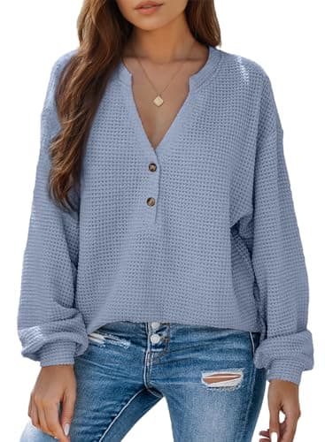 Dokotoo Women's Tops Long Lantern Sleeve Shirts 2026 V Neck Loose Casual Button Up Blouse Lightweight Waffle Knit Shirts Pullover Basic Blue Tee Business Outfits Large - Image 1