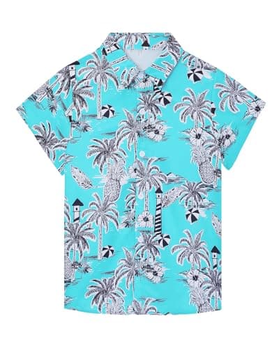 SEAOYOZO Hawaiian Shirts for Boys Short Sleeve Casual Button Down Beach Aloha Shirt Kids Summer Hawaii Shirts 8 9 Years Tropical Print Dusty Teal Palm Tree S - Image 1
