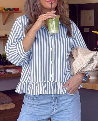 PRETTYGARDEN Women's Business Casual Tops V Neck Button Up Shirts Women Lapel Collared 3/4 Sleeve Striped Ruffle Crop Y2k Top (White Blue Striped, XX-Large) - Thumbnail 6