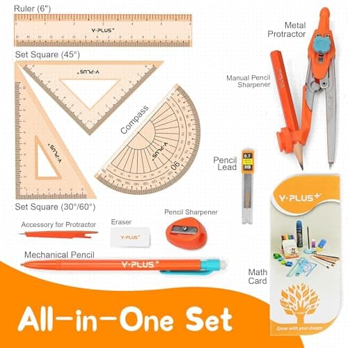 YPLUS Geometry Set for Students, Math Protractor Compass with Rulers Mechanical Pencil, Box of Protactors Kit for Class Supplies and School Kids Toddler - 12 Pcs, Back to School Supplies for Kids - Thumbnail 3