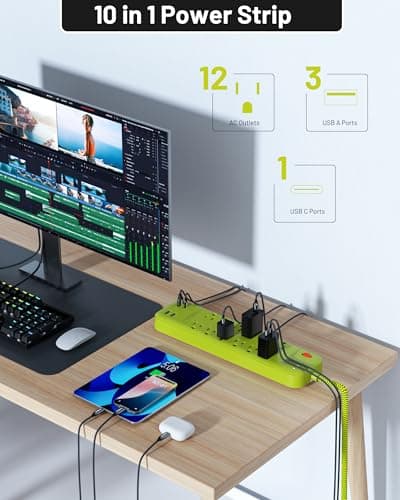 Omnibar USB Surge Bar 12 Power Strip - 12 Outlets 4 USB Ports(1 USB C), Multi Plug Outlet Extender with 6Ft Braided Extension Cord, 3600 J, Wall Mount, Flat Plug, Desk Charging Station for Office Home - Thumbnail 2
