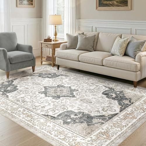 cotiled 8x10 Area Rug Machine Washable Vintage Carpet for Living Room Bedroom Soft Non-Slip Backing Floor Mat Kid & Pet Friendly Stain Resistant Light Brown - Thumbnail 5