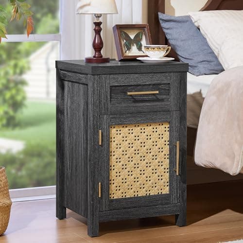 YUFAM Small Nightstand Set of 2 - Boho Rattan Night Stand with Type-C Charging Station for Bedroom, Nightstands w/Drawer for Small Space, Wood Bedside Table w/Adjustable Storage Shelf, Dark Grey - Thumbnail 5