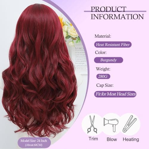 Barbique Burgundy Synthetic Wig for Women, Long Body Wave Wig Middle Part, Glueless Wig for Daily Wear, Heat Resistant Hair - Thumbnail 2