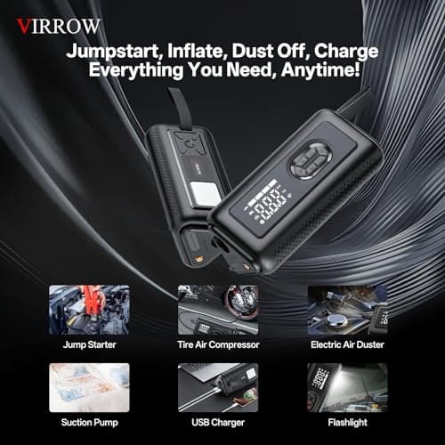 Tire Inflator Portable Air Compressor with Electric Air Duster and Car Jump Starter: 150PSI Cordless Bike Pump - 130000RPM - 1000A up to 6.0L Gas and 3.0L Diesel Engine for Cars, Outdoor, Home - Thumbnail 2