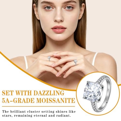 4 Carat Moissanite Engagement Ring for Women, Cushion Cut 4CT Moissanite Wedding Ring, 14K Rose Gold/White Gold Plated Adjustable Bridal Promise Ring, Hypoallergenic Anniversary Ring with Gift Box (42 Silver SIZE 4-7) - Thumbnail 3