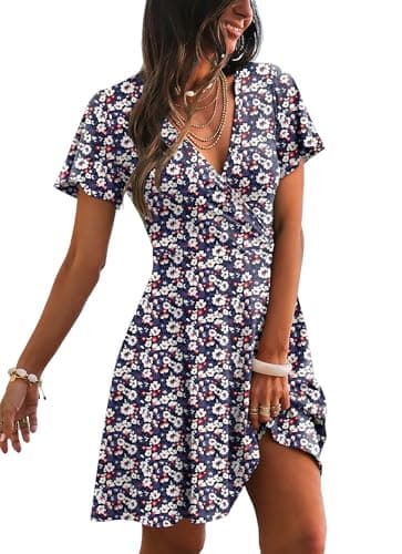 RUMIA Sundresses for Women 2026 Summer Beach Dresses Party A-line Wrap V Neck Spring Dress Floral Dark Blue 2XL - Image 1