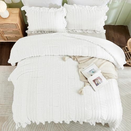 WONGS BEDDING White Queen Comforter Set,Boho Ruffle Comforter for Queen Bed,Soft Seersucker Shabby Chic Bedding Set with 1 Comforter,2 Tufted Pillowcases 90"×90" - Thumbnail 4