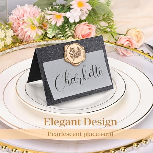 LITTOBEBE 50 Pcs Premium Place Cards, Small Table Cards with Antique Gold Rose Wax Seal Sticker, 4“ x 3“ Tent Card, Escort Cards, Name Card, Wedding, Dinner Parties, Seating Card (Pearlescent Black) - Thumbnail 4