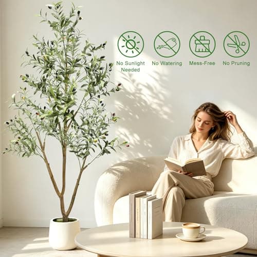 TNELTUEB 6FT Artificial Olive Tree Indoor with Lights & Planter, Realistic Faux Olive Trees with Lifelike Fruits for Living Room Decor, Tall Fake Silk Plants for Modern Home Office - Thumbnail 3