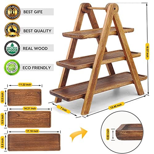 Manspdier Wood 3 Tier Serving Tray Three Tiered Cupcake Stand, Rectangle Serving Platter Wooden Farmhouse Tiered Tray, Party Serving Brown Decorative Tray Decor - Thumbnail 3