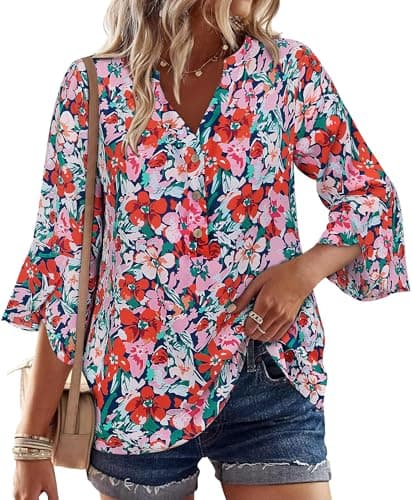 LOOKBOHO Boho Tops for Women 3/4 Sleeve Floral Blouses Casual Dressy Ruffle Sleeve Button V-Neck Business Shirts Pink L - Image 1