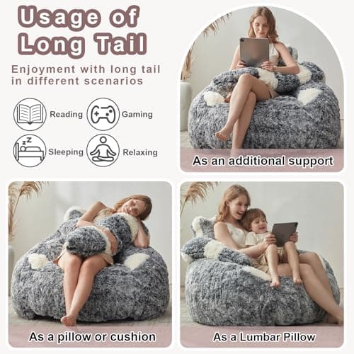 EBENCHICO Giant Bean Bag Chair for Adults Teens, Raccoon Shaped Faux Fur Bean Bag Sofa with Filler, Plush Beanbag Couch with Tail Pillow for Gaming, Reading, Bedroom, Dorm - Thumbnail 5