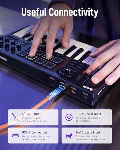 Synido 25 Key USB MIDI Keyboard Controller with 8 Drum Pads, Professional Mini Midi Keyboard with OLED Screen, Beat Maker Machine for Music Production, Black, TempoKey K25 - Thumbnail 6