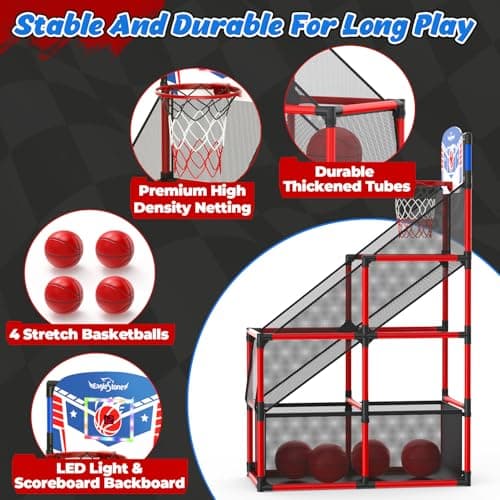 EagleStone Kids Adjustable Arcade Basketball Hoop with LED Lights & Scoreboard, 4 Balls Ball Storage Net, Indoor Outdoor Carnival Basketball Game Set for Boys & Girls Ages 3-12, Pump Included - Thumbnail 5