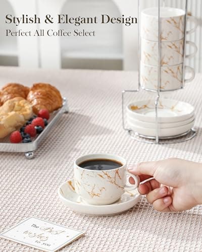 MALACASA 4 OZ Porcelain Espresso Cups with Saucers and Metal Stand Set of 4, Stackable Cappuccino Cups, Marble White Expresso Shots Cup Set for Coffee Drinks, Latte, Tea - Thumbnail 5