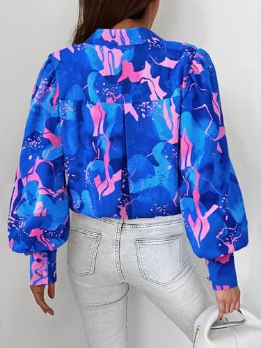 BTFBM Summer Blouses for Women Dressy Casual 2026 Long Sleeve Button Down Shirt V Neck Boho Spring Tops Fashion Clothing(Floral Blue Pink, Medium) - Thumbnail 6