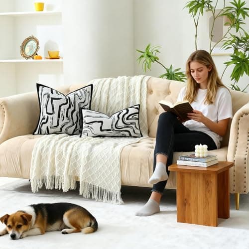 OLSUNOR Black and White Pillow Covers, 20x12 inch Geometric Decorative Throw Pillow Covers w/Invisible Zipper & Velvet Flange Edge, Soft Chenille Jacquard Accent Pillow for Mother's Day, Home Decor - Thumbnail 2