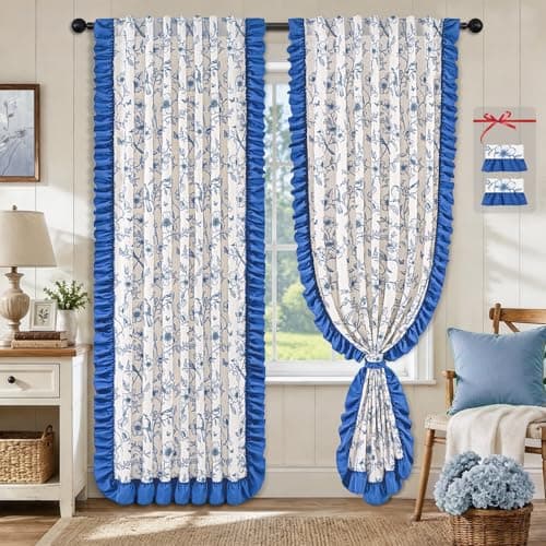 Yinhua Blue Floral Curtains for Living Room 84 Inch Length Farmhouse French Bedroom Curtains with Ruffle Tieback, Linen Light Filtering Window Curtain Rod Pocket Back Tab Drapes, 52"W x 84"L, 2 Panels - Thumbnail 2