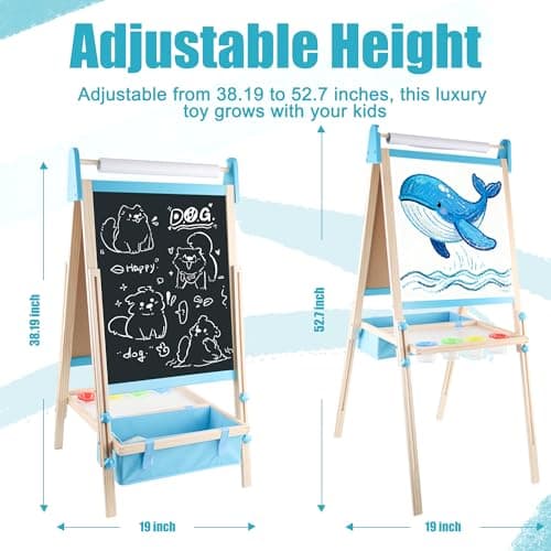 Wooden Easel for Kids, Adjustable Kids Art Easel, Learning Toy for Boys and Girls Ages 3-4 4-8 8-12, Wooden Blackboard & Magnetic Whiteboard and Drawing Paper Holder, 2 Drawing Paper Roll - Thumbnail 3