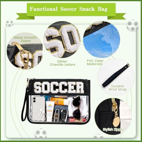 PEVART 2-Piece Soccer Gifts Makeup Snack Bag Chenille Letter Patch | Large Soccer Clear PVC Travel Zipper Pouch Accessories Stuff Waterproof Portable Sport Bag for Boys, Girls - Thumbnail 3