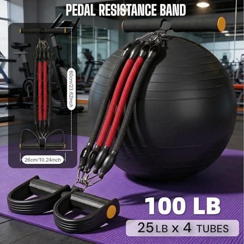 Buyborgood Upgrade Pedal Resistance Band, Multifunction Home Gym Workout Equipment with 4x25lbs Tubes for Sit Up & Arm Exercise, Black + Red - Thumbnail 2