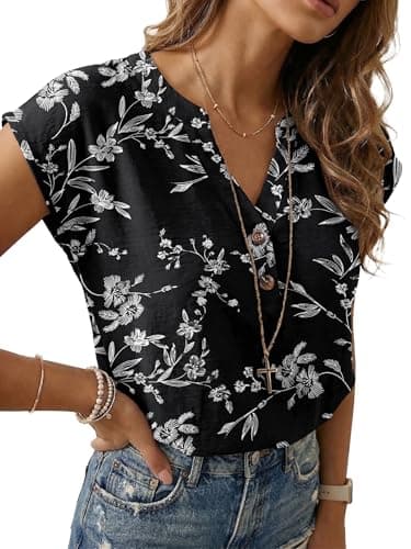 Lepunuo Womens Blouses Dressy Casual Trendy Summer Tops 2026 Formal Boho Button Down Cap Sleeve V Neck Shirts - Image 1