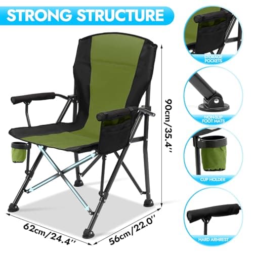2 Pack Oversized Folding Camping Chair for Adults, Supports 450 LBS Camping Chairs, Heavy Duty Camping Chair with Side Pockets, Foldable Outdoor Chair for Camping, Beach, Fishing, Hiking, Green-Black - Thumbnail 2