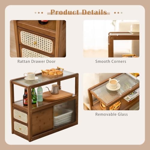 SOBIBO Bamboo Side Table Nightstand with Rattan Drawer & Glass Top – Multi-Function End Table, Nightstands with Storage for Bedroom, Living Room, and Small Spaces, Walnut - Thumbnail 4
