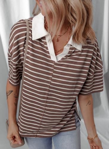 Dokotoo Summer Short Sleeve Shirts for Women 2026 Summer T Shirts for Women Dressy Casual Khaki Striped Trendy Polo Shirts Cute Crop Tops Womens Blouses Color Block Womens Clothes Clothing XL - Thumbnail 3