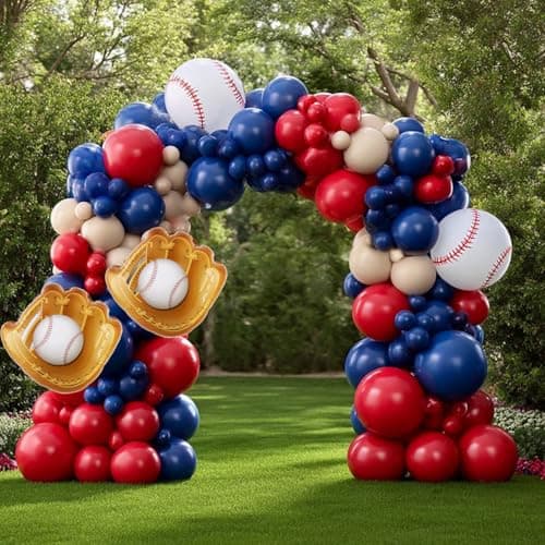 Baseball Balloon Garland Arch Kit, Navy Blue Red Nude Balloon Arch with Baseball Glove Foil Balloons for Boys Girls Birthday Baseball Themed Party Decorations - Thumbnail 4