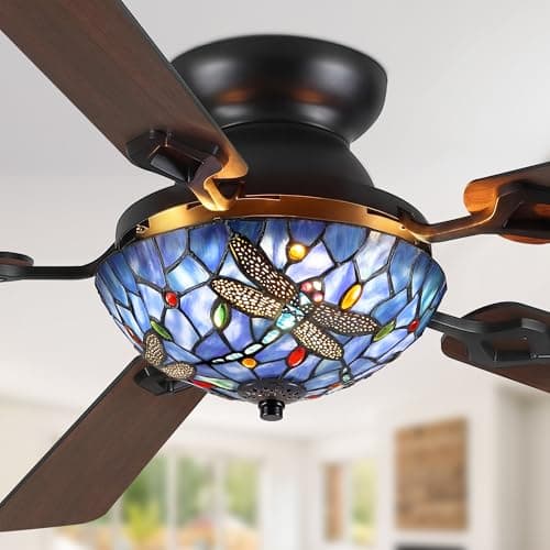 Fanbulous 52 Inch Tiffany Stained Glass Ceiling Fan,Stepless Color 24W LED, Dimmable, Remote & APP Control Quiet DC Motor Vintage Flush Mount Ceiling Fan,5 Dual-Finish Blades for Bedroom
